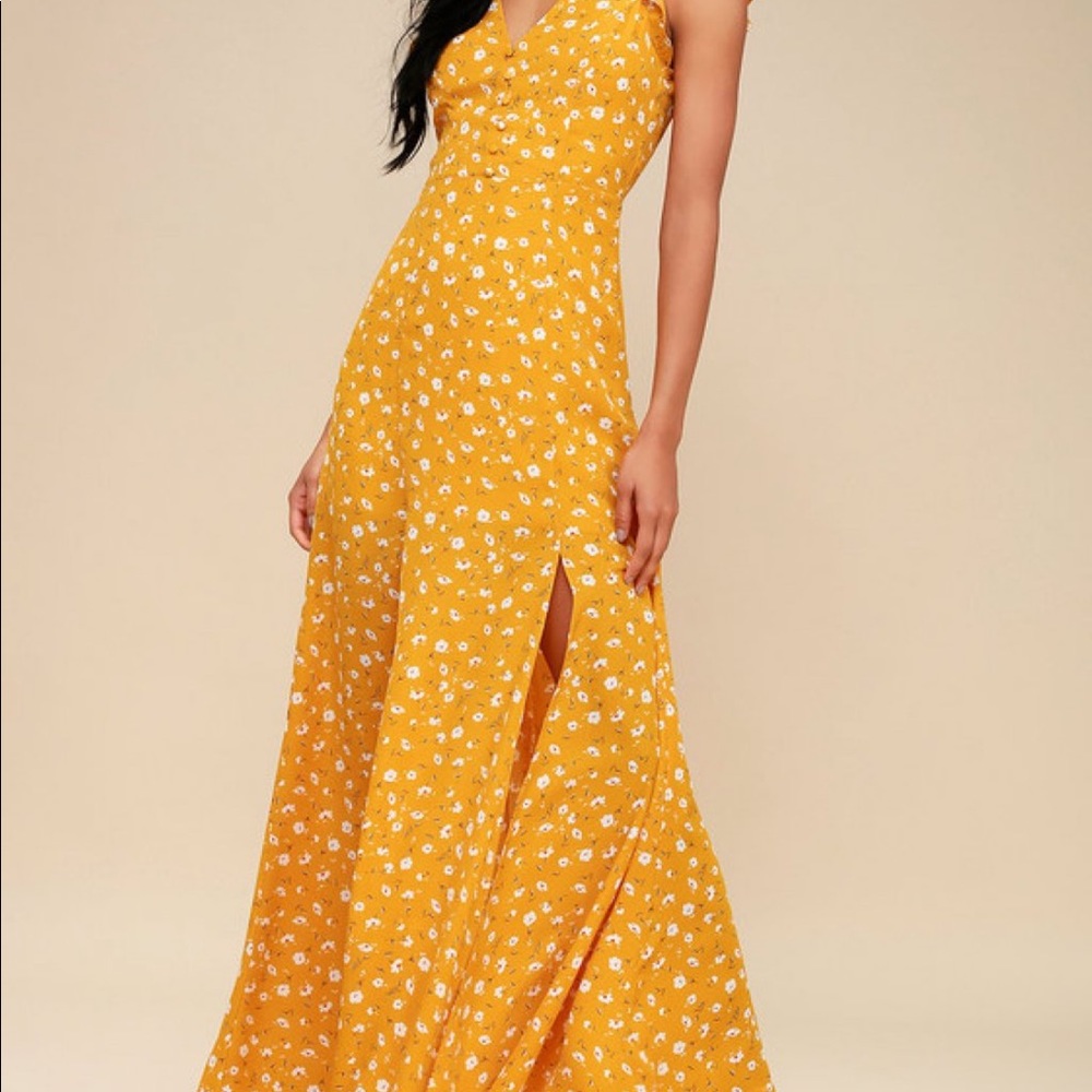 Lulu's Yellow Floral Slit Dress